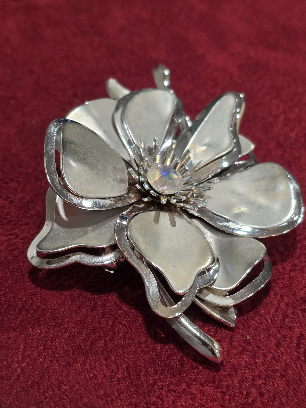 Vintage Silver-tone Multi-layer Floral Brooch w/ Aurora Borealis Crystal Center